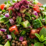 Close-up of a vibrant bowl of lentil tabbouleh salad, showcasing fresh herbs, lentils, and vegetables.