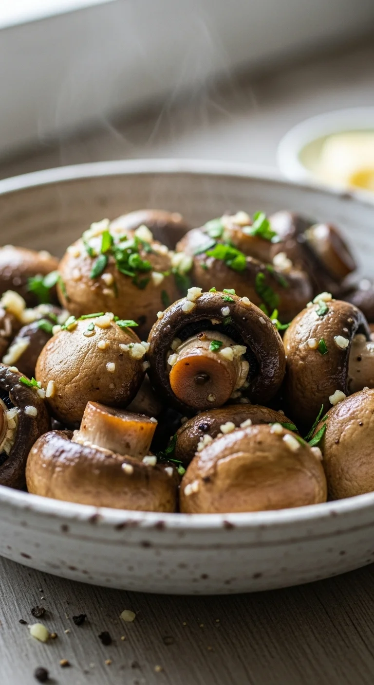 Close-up of sauteed garlic butter mushrooms in a skillet, ready to serve.