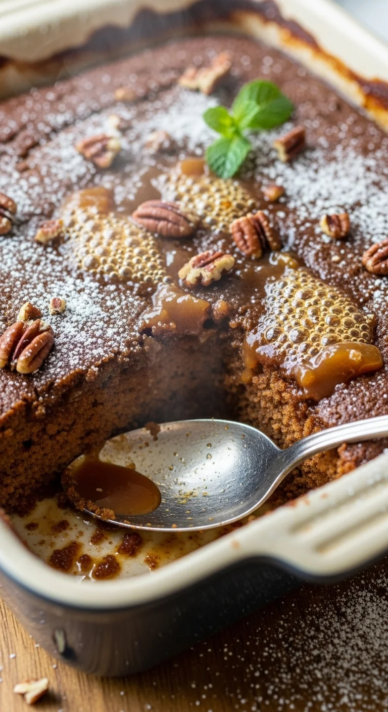 Slice of caramel apple gingerbread pudding cake with warm caramel sauce drizzled on top.
