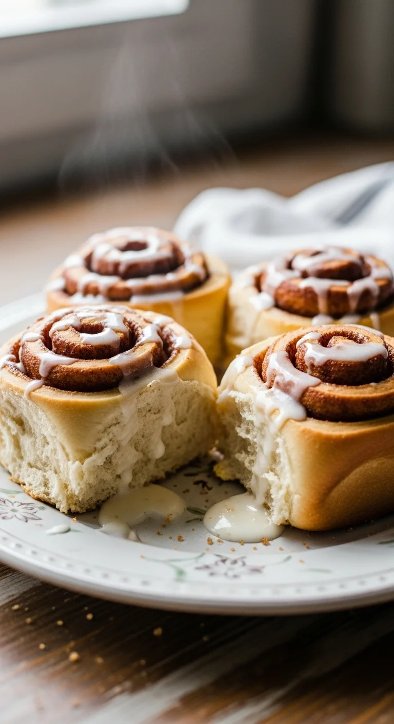 Close-up of warm, gooey gluten free cinnamon rolls with cream cheese frosting. The best gluten free cinnamon rolls recipe!