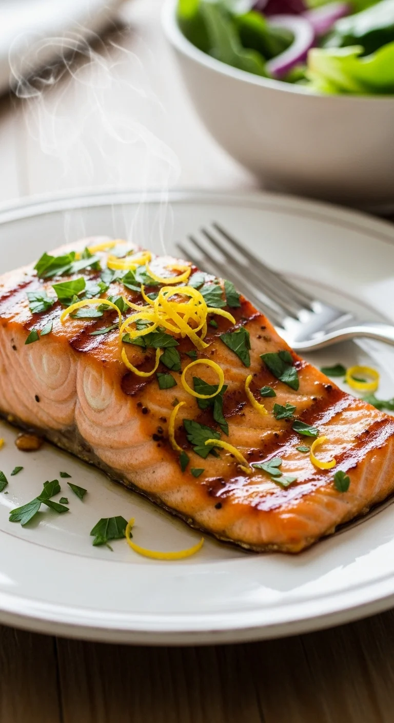 Close-up view of glistening grilled honey mustard salmon, showcasing its texture and glaze.