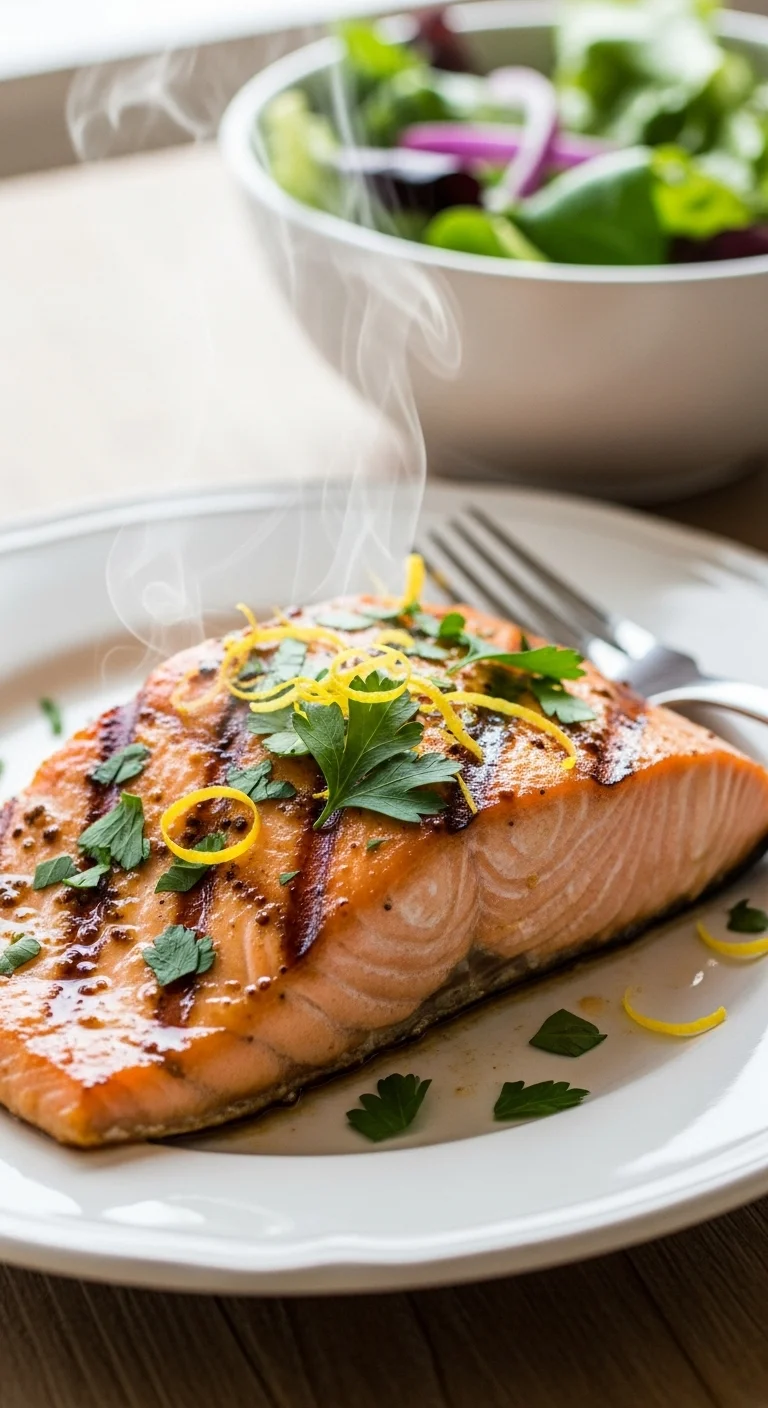Juicy grilled honey mustard salmon on a plate. Delicious and easy salmon recipe.