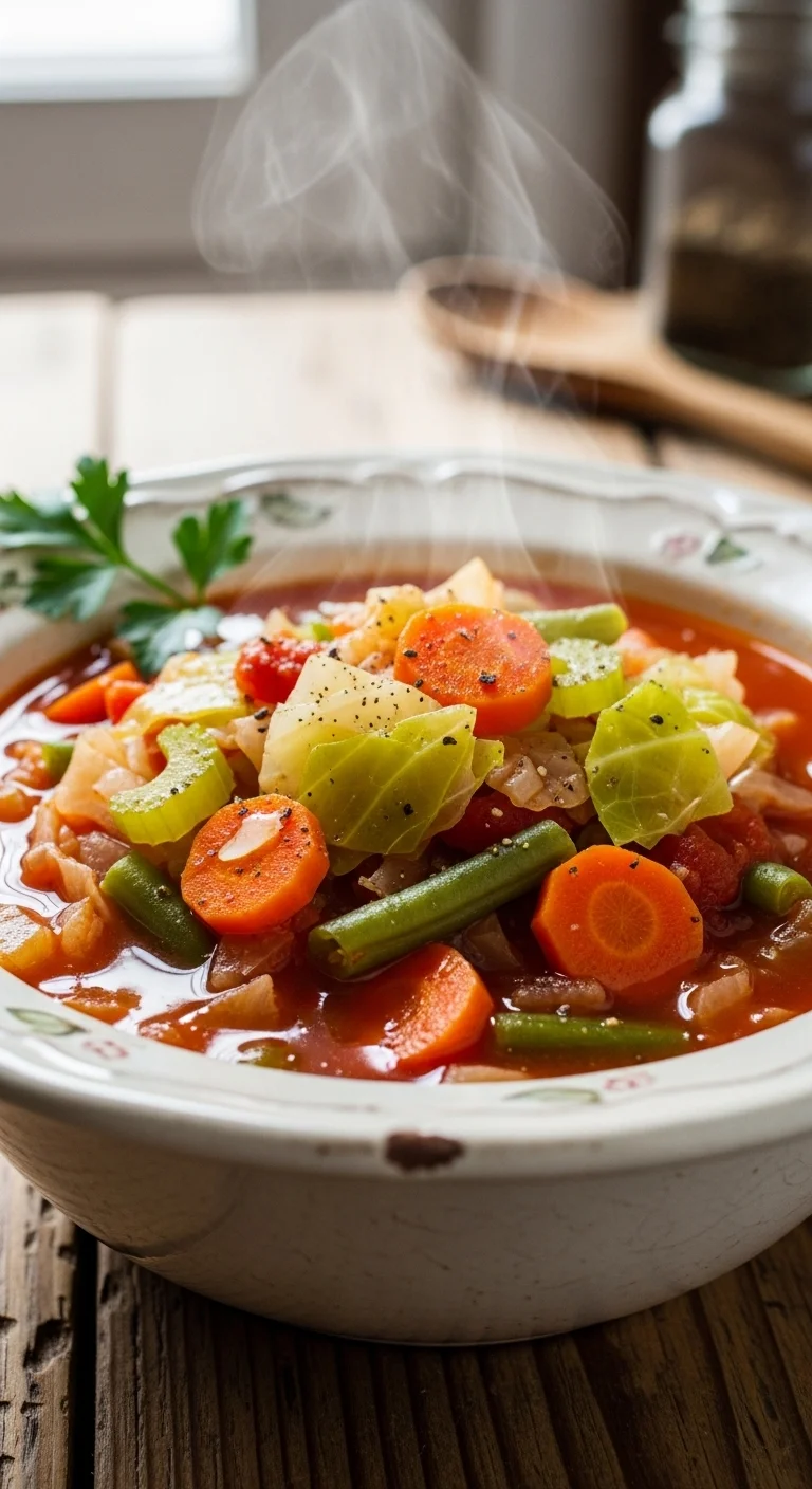 Hearty Cabbage Soup Recipe: Bowl of steaming, colorful cabbage soup.