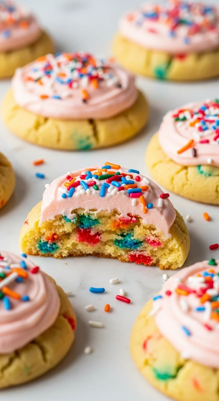 Pile of freshly baked cake batter cookies topped with colorful sprinkles.