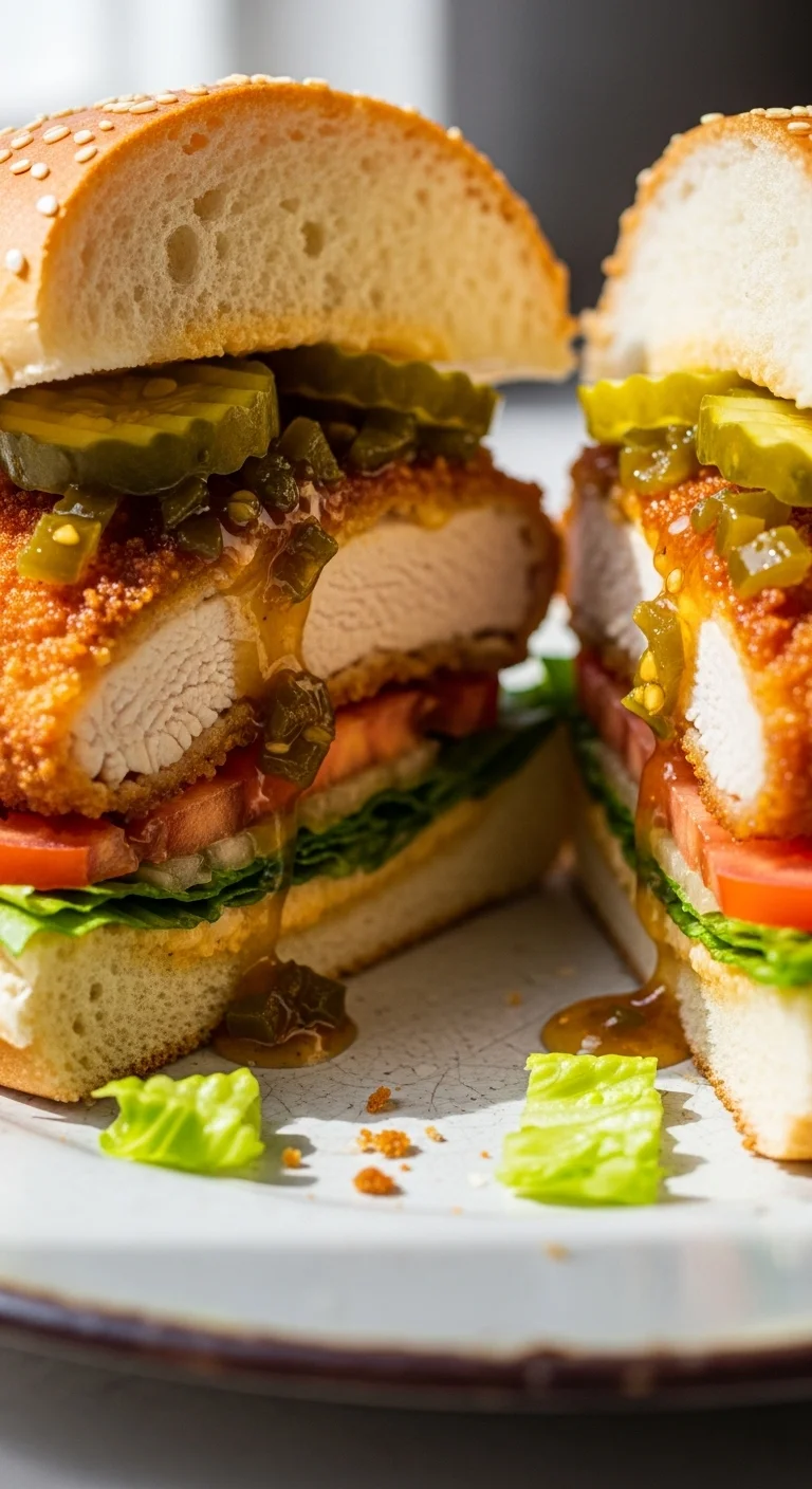 Step-by-step image showing the process of assembling a spicy honey crispy chicken sandwich.