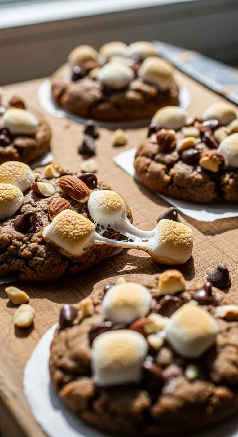 Ingredients for homemade rocky road cookies, including chocolate chips, marshmallows, and almonds.