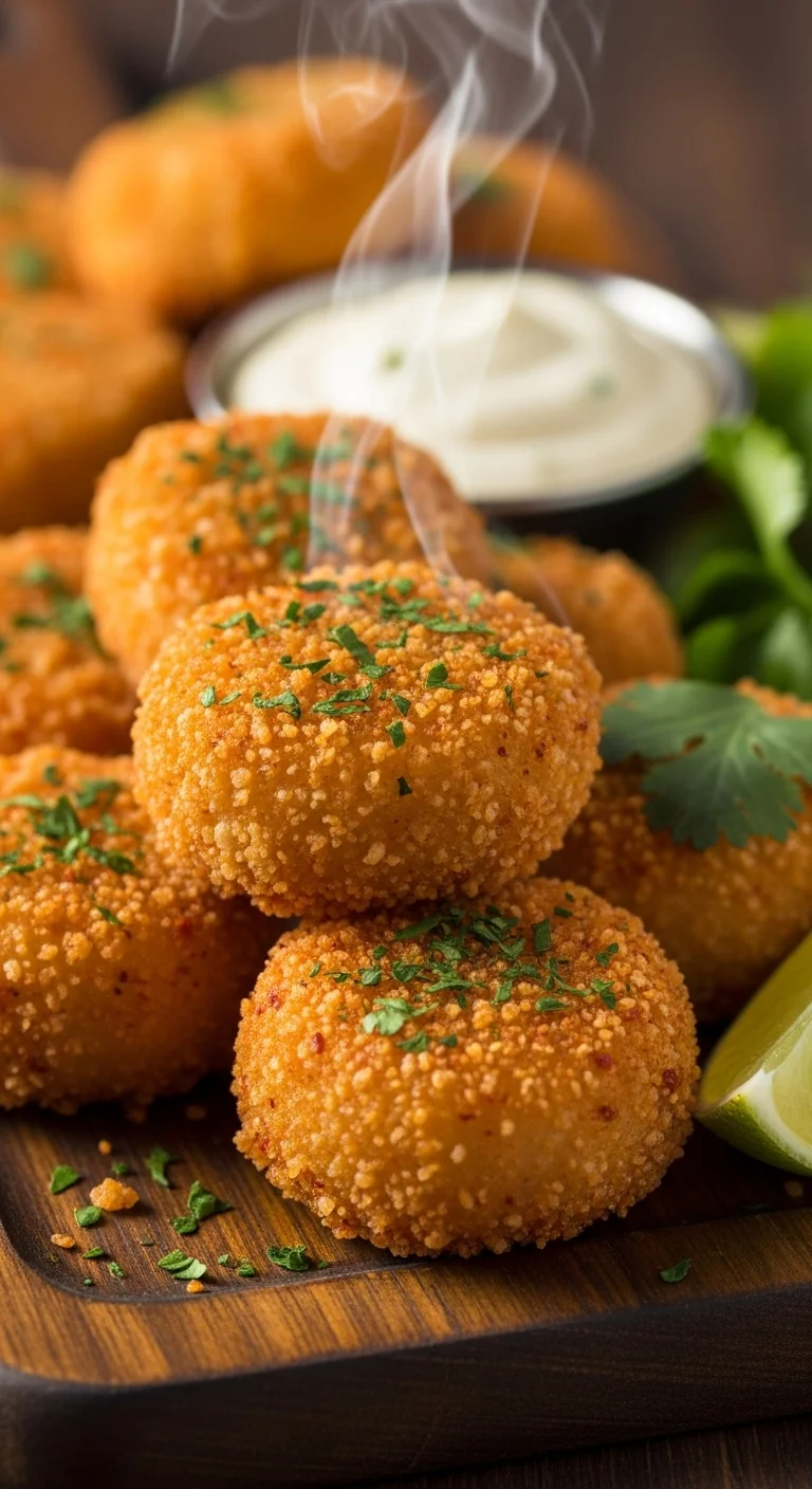 Close-up of spicy fish nuggets being prepared, showing the crispy coating.