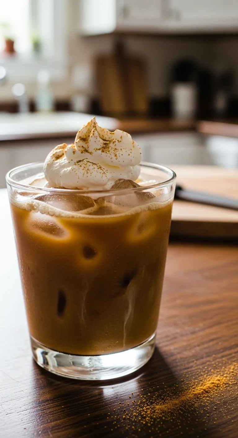 Homemade Iced Pumpkin Chai Latte in a glass with ice and spices, perfect for autumn.