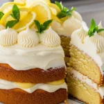 Close-up of a luscious Italian Lemon Cream Cake, showcasing its creamy texture and bright yellow color.