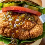 Close-up of a crispy fried jalapeno chicken sandwich with jalapeno honey, showcasing its golden-brown crust and delicious drizzle.