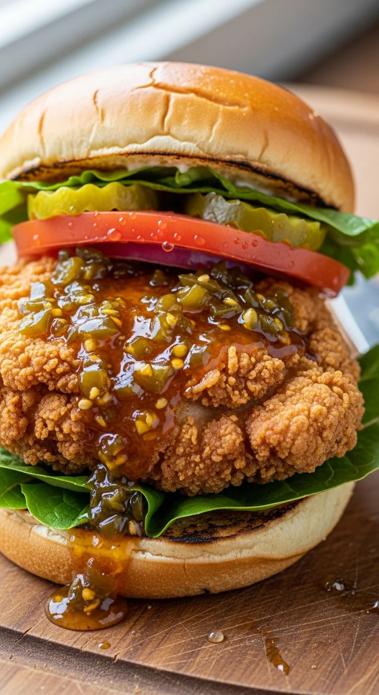 Close-up of a crispy fried jalapeno chicken sandwich with jalapeno honey, showcasing its golden-brown crust and delicious drizzle.