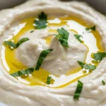 Close-up of creamy Lebanese garlic sauce (Toum) in a bowl, ready to serve.