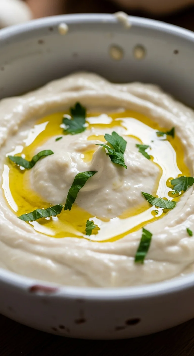 Close-up of creamy Lebanese garlic sauce (Toum) in a bowl, ready to serve.