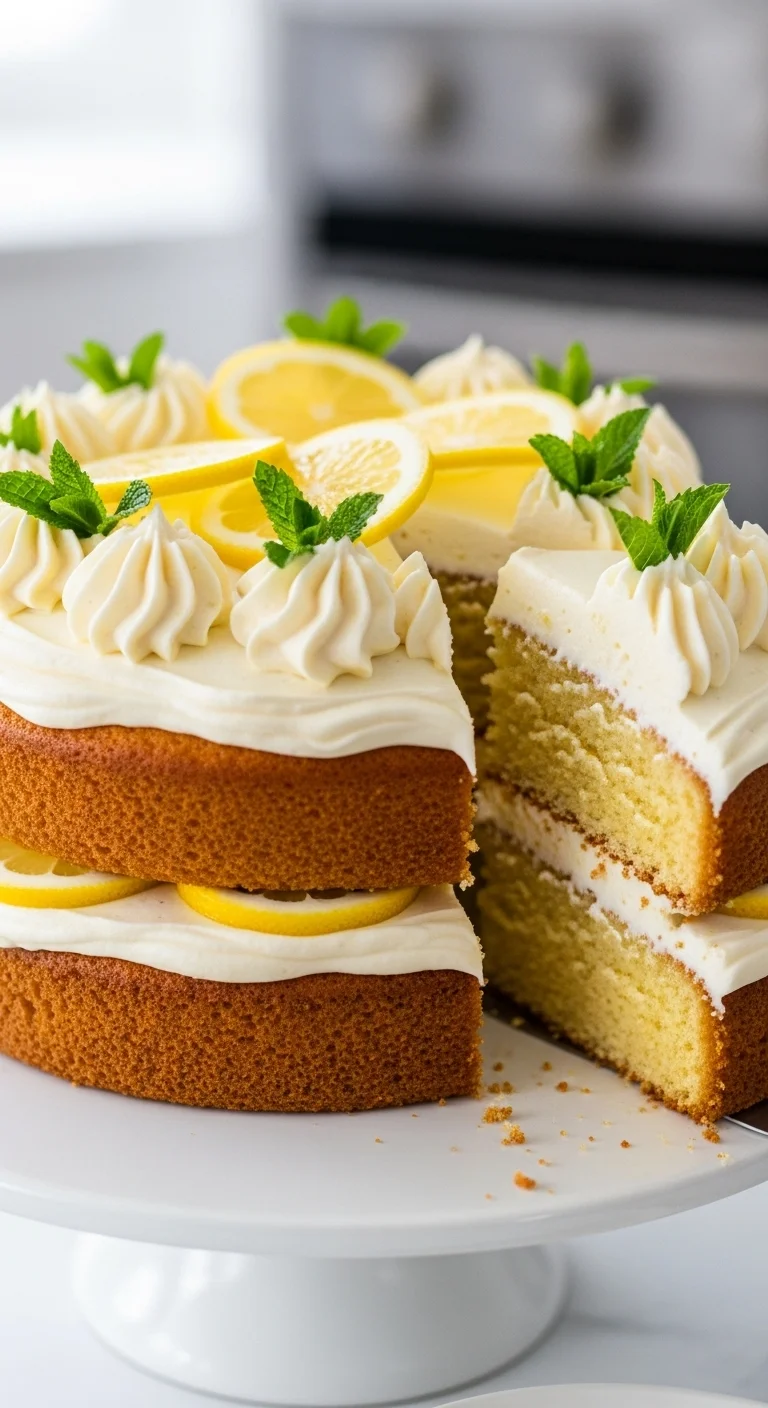 Image showing the process of layering the Italian Lemon Cream Cake with lemon cream filling.