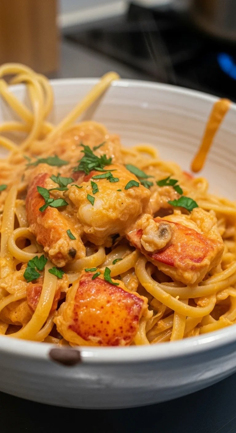 Close up of creamy lobster pasta ingredients: lobster, pasta, tomato cream sauce