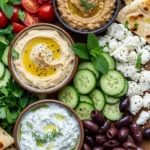 Overhead view of a vibrant Mediterranean brunch board with dips, vegetables, and flatbread.