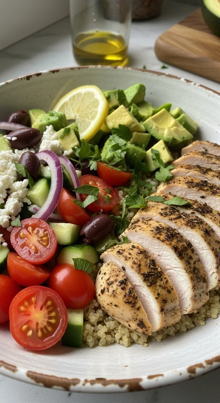 Ingredients for a Mediterranean chicken bowl, including grilled chicken, quinoa, cucumbers, tomatoes, feta cheese, olives, and lemon.