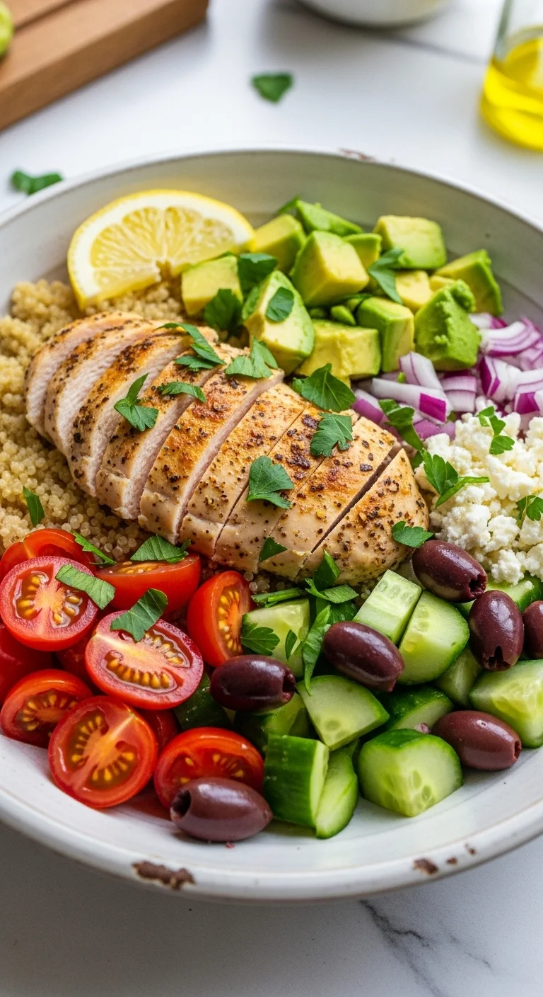 Close-up of a vibrant Mediterranean chicken bowl filled with grilled chicken, colorful vegetables, and a lemon wedge.