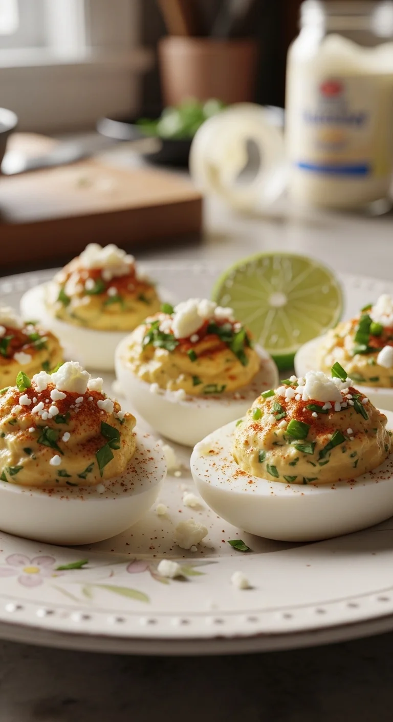 Close-up shot of preparing Mexican deviled eggs with lime juice and fresh cilantro.