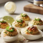 Delicious Mexican deviled eggs topped with lime zest, cilantro, and Cotija cheese.
