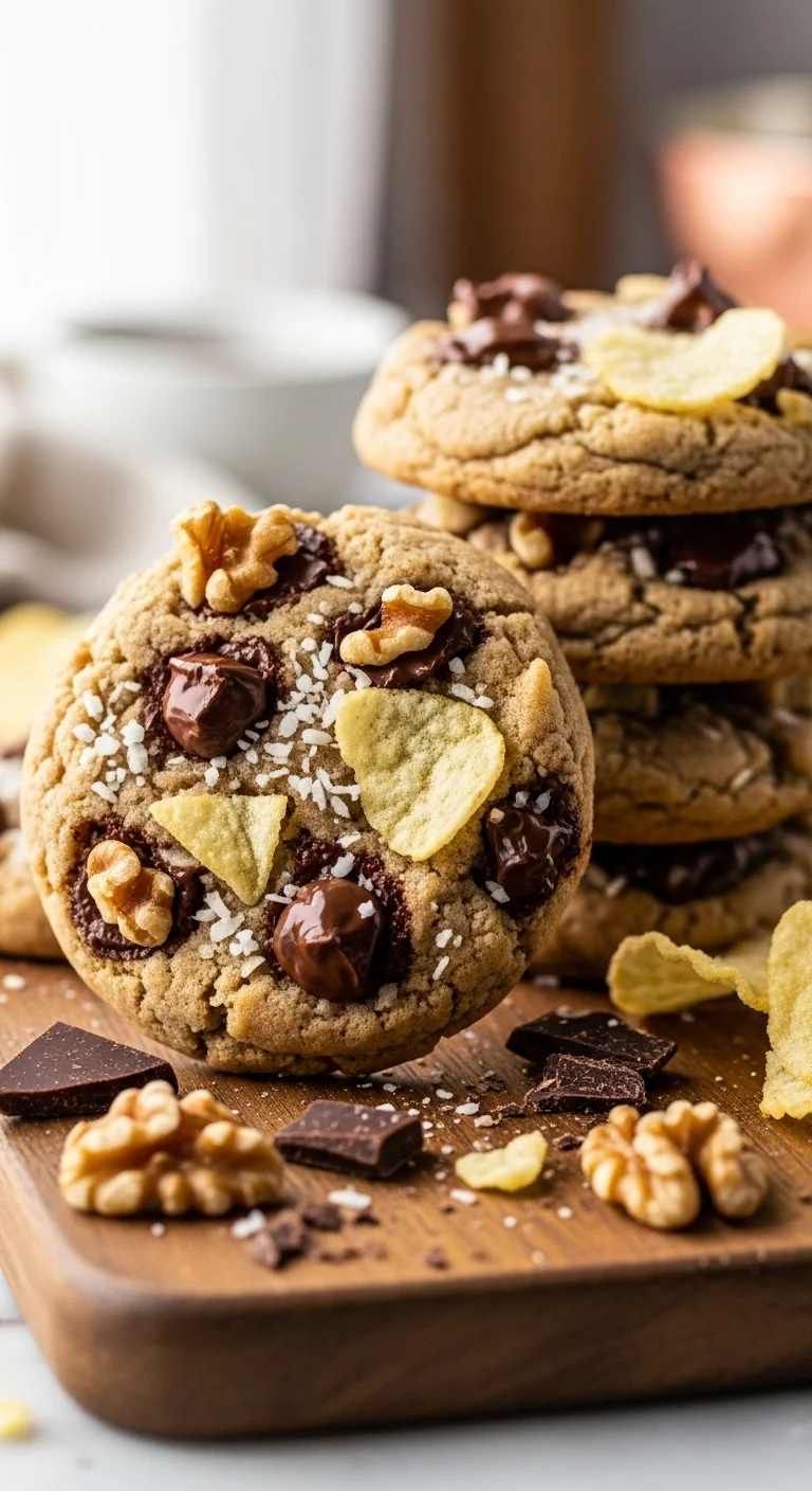 A close-up view of the ingredients for Million Dollar Cookies: chocolate chips, crushed potato chips, chopped walnuts, and shredded coconut.