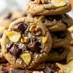 Close-up of a stack of Million Dollar Cookies showing chocolate, potato chips, walnuts, and coconut.