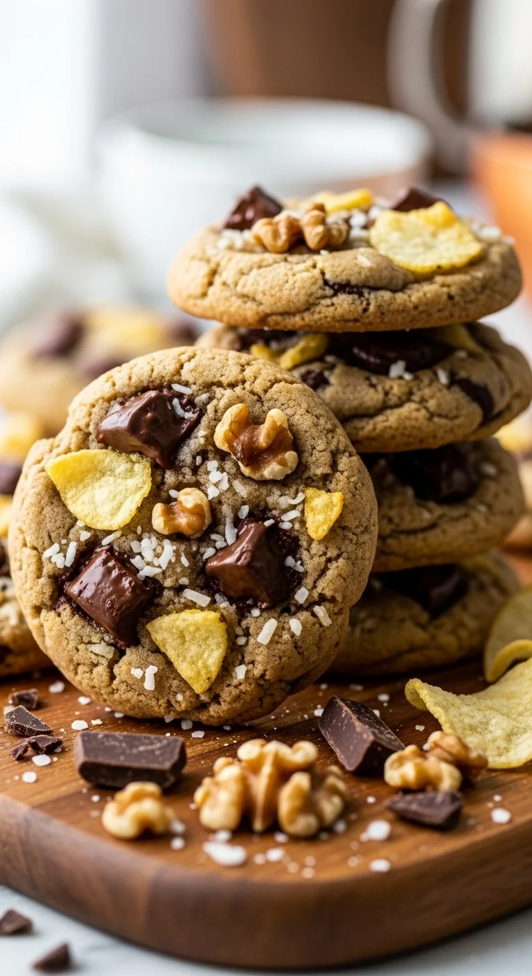 Close-up of a stack of Million Dollar Cookies showing chocolate, potato chips, walnuts, and coconut.