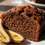 Close-up of moist, homemade chocolate banana bread. Perfect for breakfast or dessert.