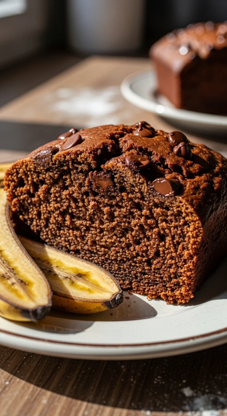 Close-up of moist, homemade chocolate banana bread. Perfect for breakfast or dessert.