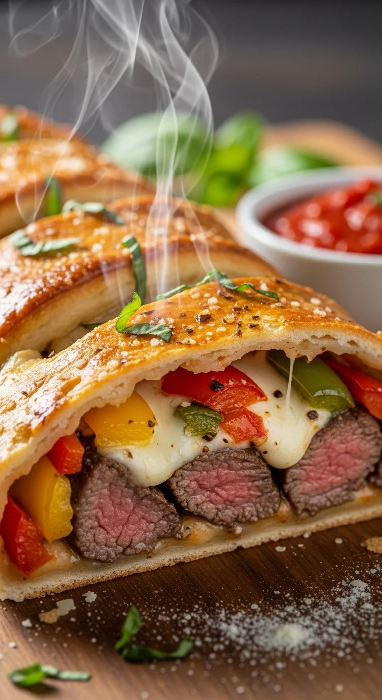 Close-up of a golden brown Mozzarella Steak Stromboli, sliced open to reveal the juicy steak and melted cheese filling.