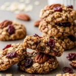 Close-up of no bake cranberry pecan cookies. Sweet and chewy holiday treat.