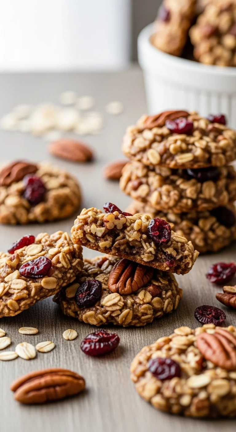 Close-up of no bake cranberry pecan cookies. Sweet and chewy holiday treat.