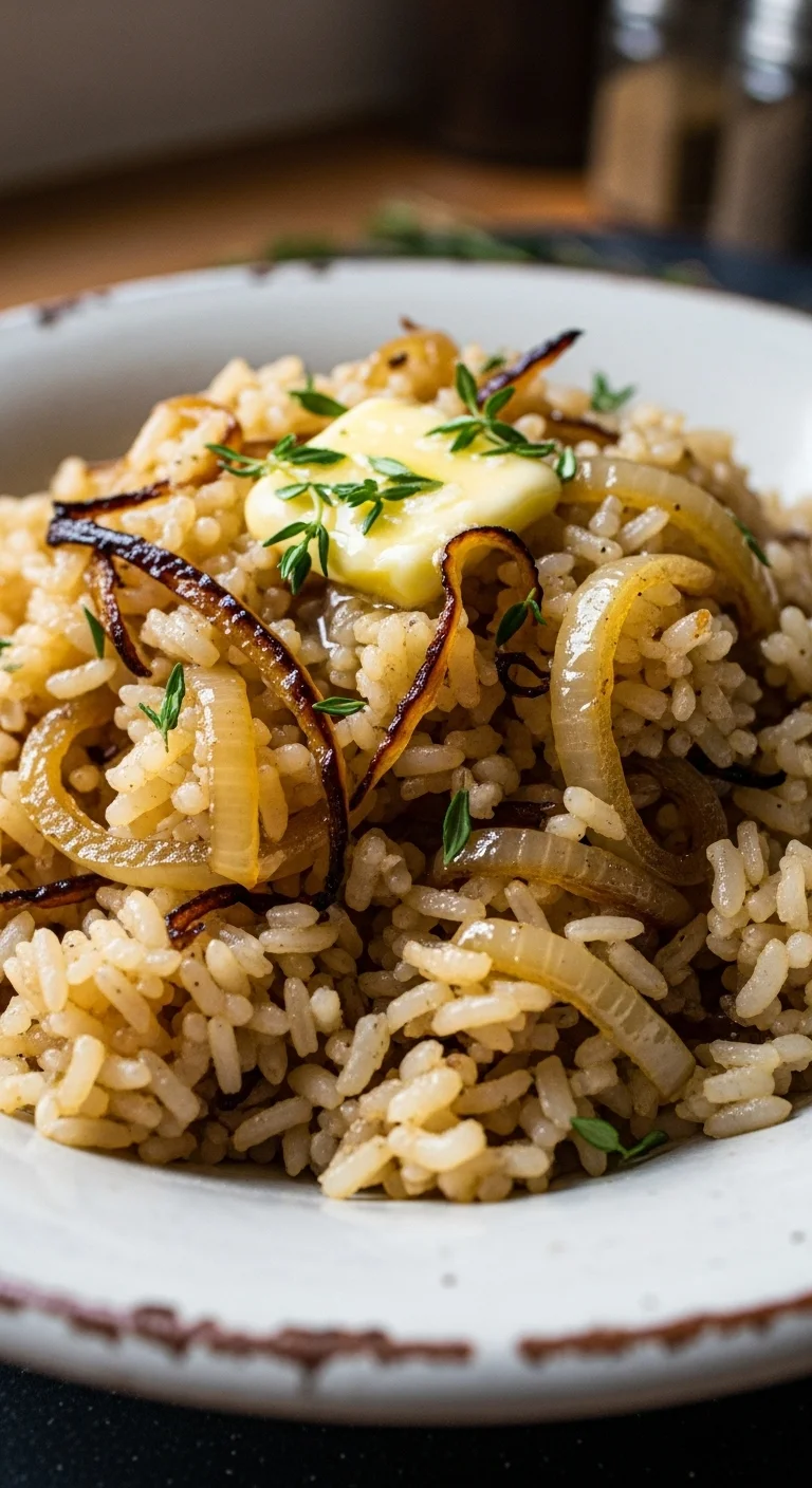 Step-by-step picture showing the process of making caramelized onion butter rice in a pot.