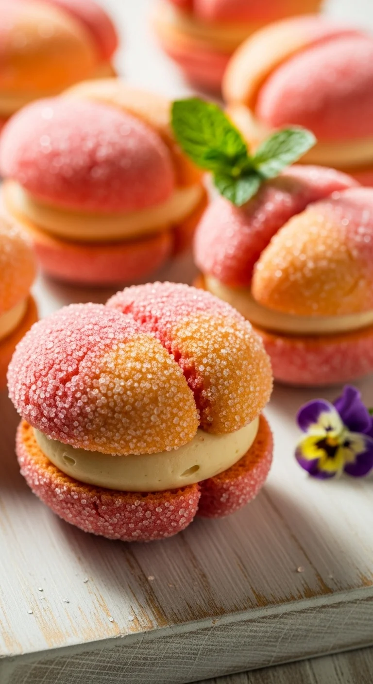 Close-up of homemade peach cookies filled with apricot cream. Get the peach cookies recipe!
