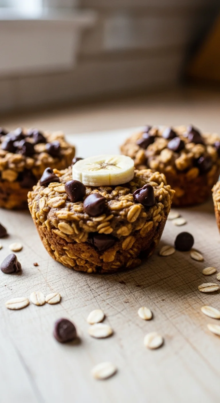 Close-up of ingredients for making baked oatmeal cups: oats, peanut butter, banana, and other pantry staples.
