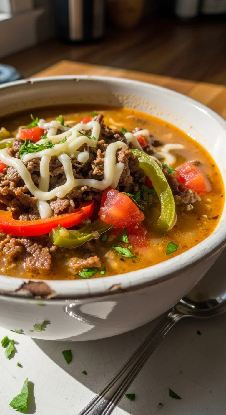 Close up of Philly Cheesesteak Soup ingredients, showing beef, peppers, onions, and broth.