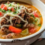 Delicious Philly Cheesesteak Soup in a bowl, garnished with provolone and green onions.