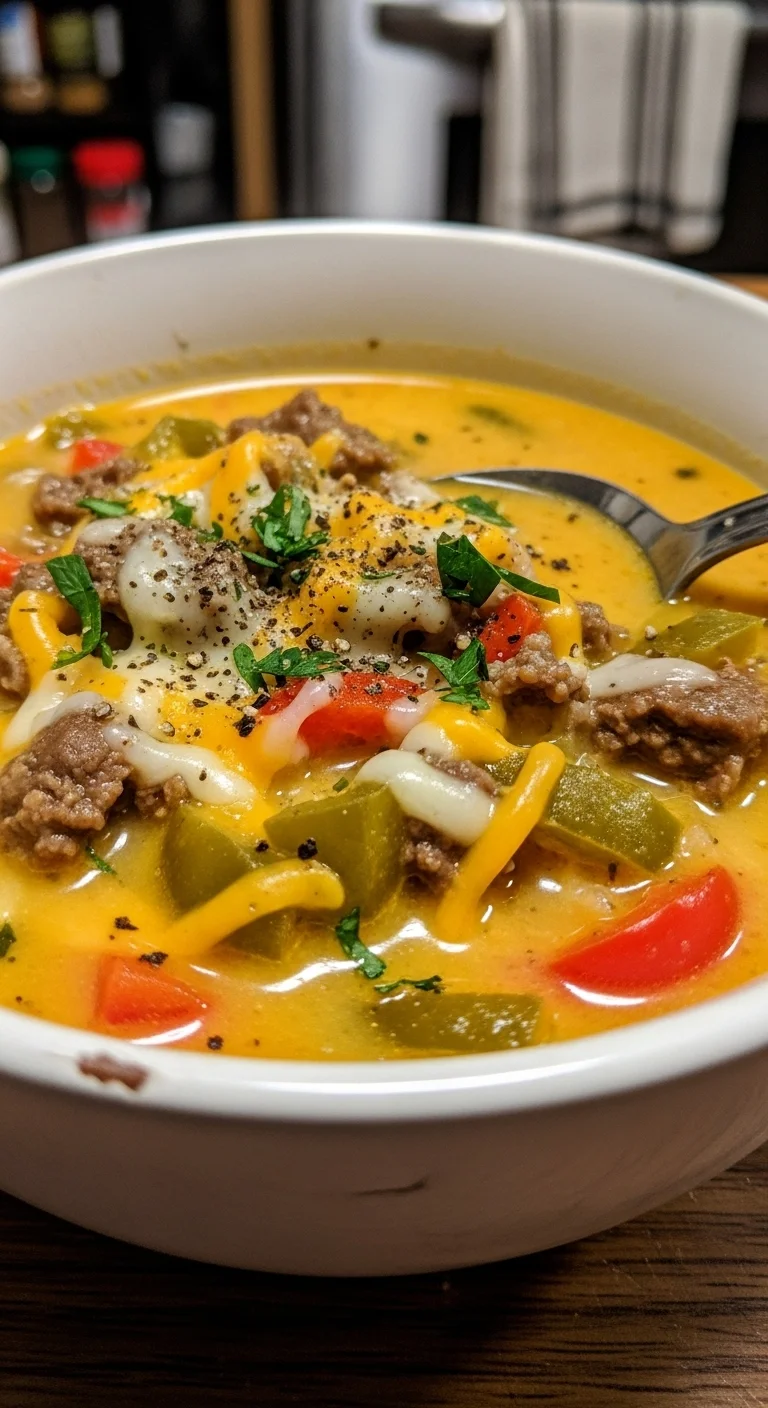 Close-up shot of Philly Cheesesteak Soup showing beef, peppers, and cheese in a creamy broth.