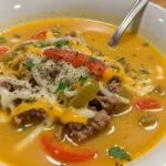 Delicious Philly Cheesesteak Soup in a bowl, topped with melted cheese and green onions.
