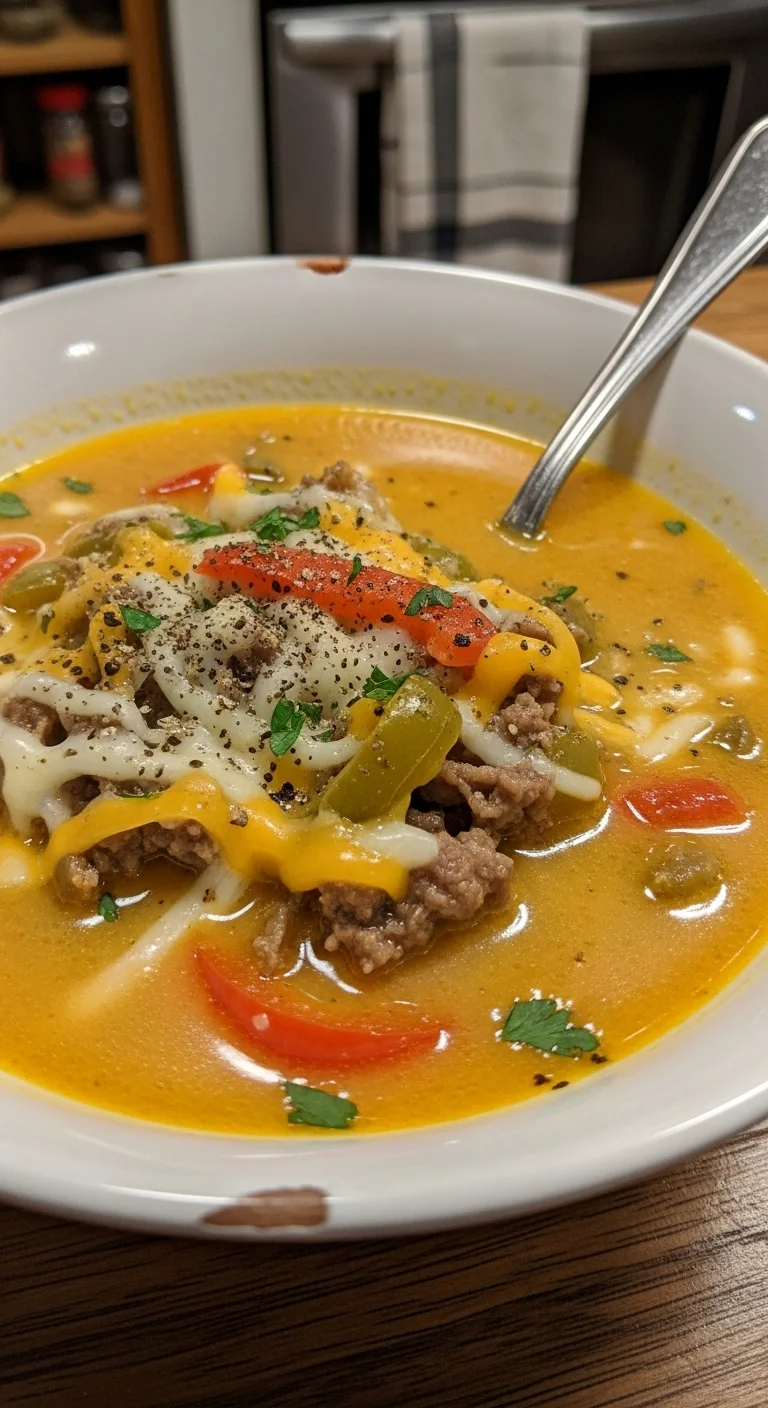 Delicious Philly Cheesesteak Soup in a bowl, topped with melted cheese and green onions.