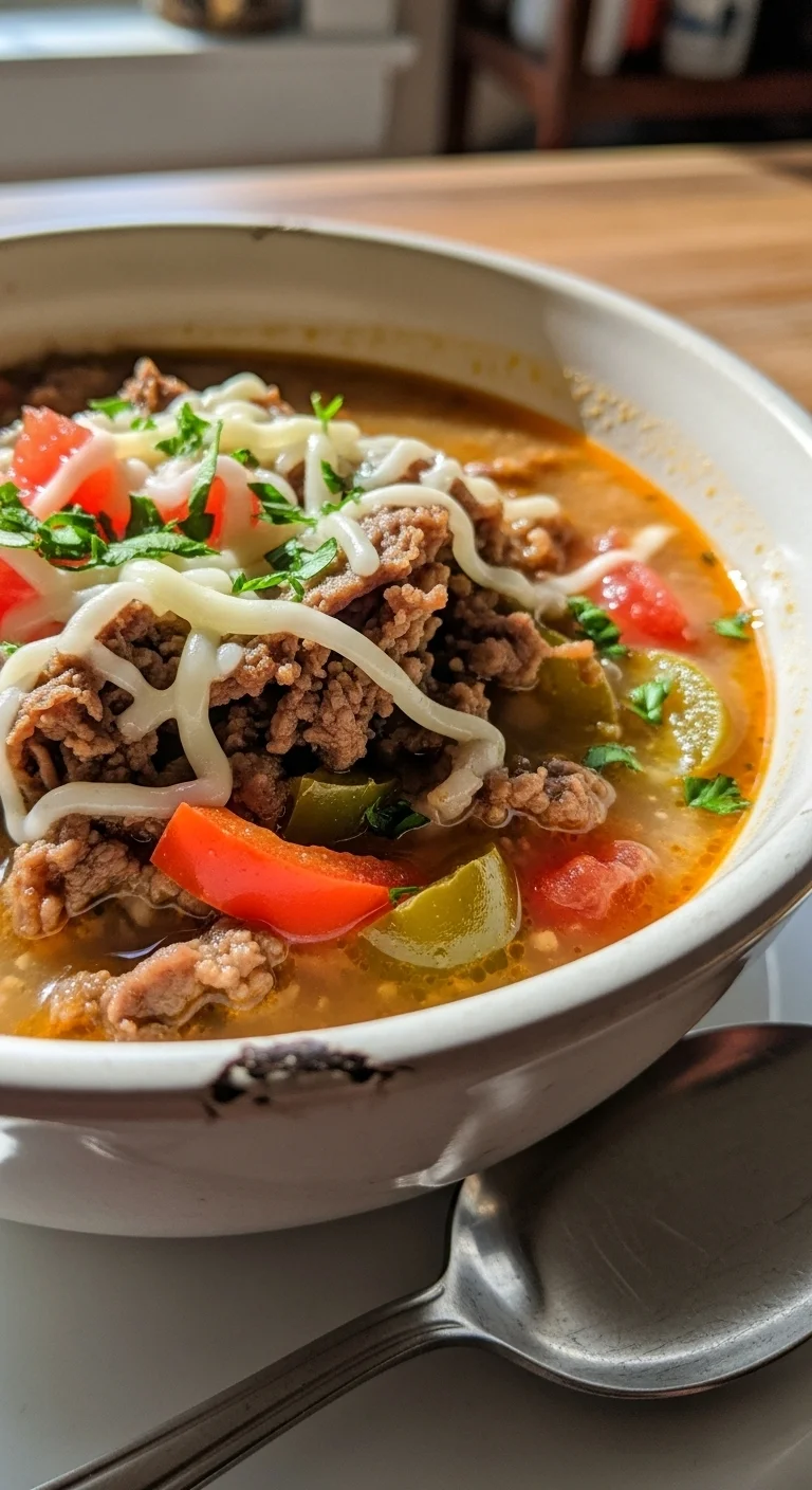 Delicious Philly Cheesesteak Soup in a bowl, garnished with provolone and green onions.