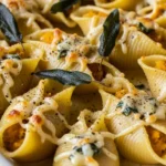 Close-up of creamy Pumpkin Gouda Stuffed Pasta Shells with Sage Alfredo sauce, a delicious fall recipe.