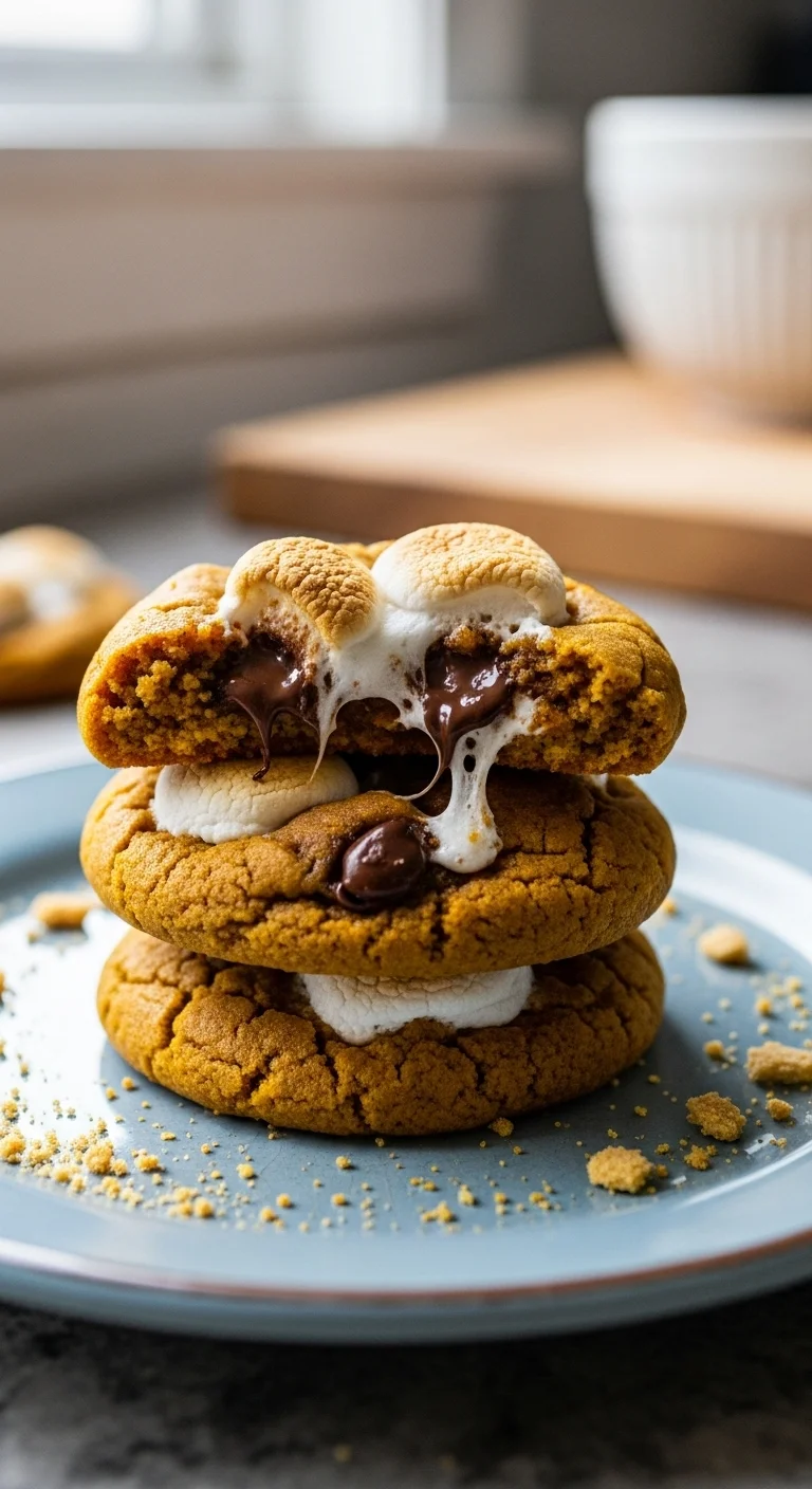 Image showing the process of baking pumpkin s'mores cookies, featuring the cookies on a baking sheet with marshmallows and chocolate.