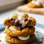 Close-up of warm, gooey pumpkin s'mores cookies with melting marshmallows and chocolate chips. Perfect fall dessert!