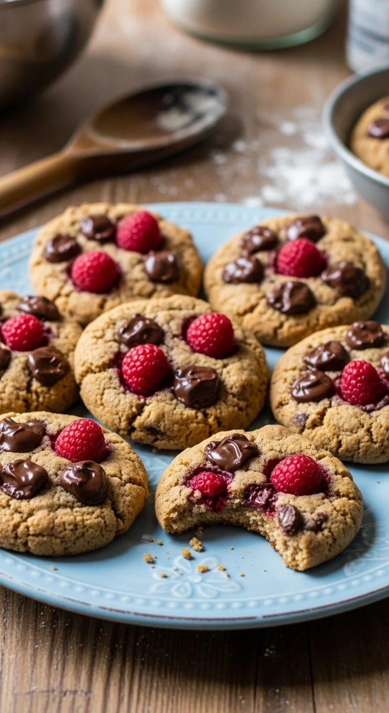 Close-up of freshly baked raspberry chocolate cookies on a cooling rack. Raspberry Chocolate Cookies Recipe.