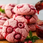 Close-up of soft and chewy gluten-free raspberry cookies, perfect for a quick dessert.