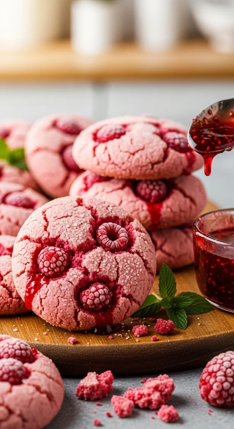 Close-up of soft and chewy gluten-free raspberry cookies, perfect for a quick dessert.