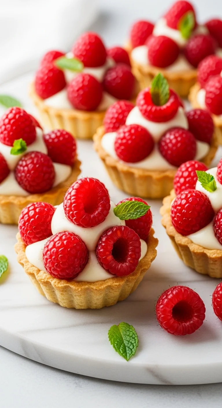 Step-by-step image of making raspberry cream tarts at home, showcasing the vanilla cream filling and fresh raspberry topping.