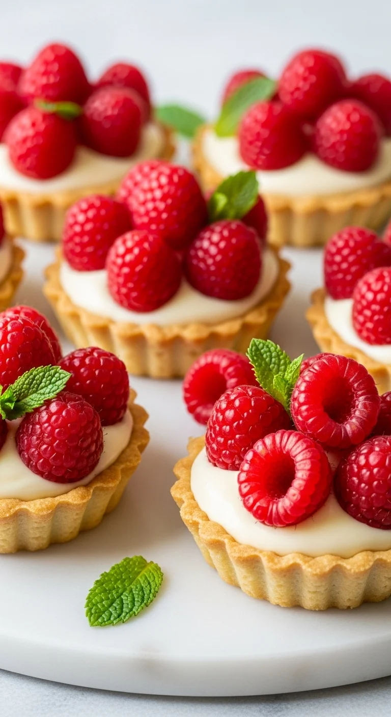 Close-up of creamy vanilla raspberry tarts, a delicious and easy dessert recipe.