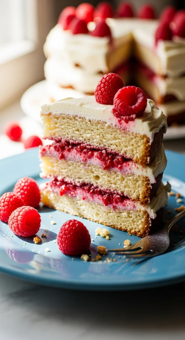 Step-by-step image showing how to assemble a Raspberry Layer Cake with buttercream and raspberries.